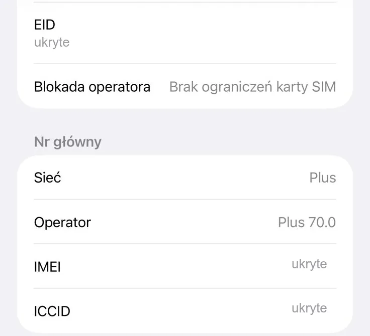 Ekran To urządzenie: Blokada operatora - Brak ograniczeń karty SIM, sieć i operator karty; numery EID, IMEI i ICCID ukryte