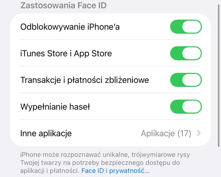 Ustawienia Face ID i kod: włączone odblokowywanie iPhone’a, iTunes Store i App Store, płatności zbliżeniowe i wypełnianie haseł