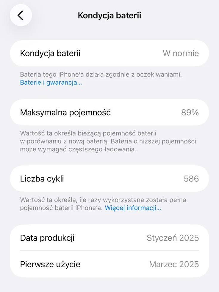 Kondycja baterii iPhone’a: stan W normie, maksymalna pojemność 89%, 586 cykli, data produkcji styczeń 2025, pierwsze użycie marzec 2025