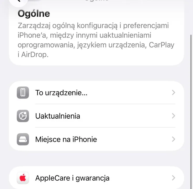 Ustawienia iPhone’a, ekran Ogólne: To urządzenie, Uaktualnienia, Miejsce na iPhonie oraz AppleCare i gwarancja
